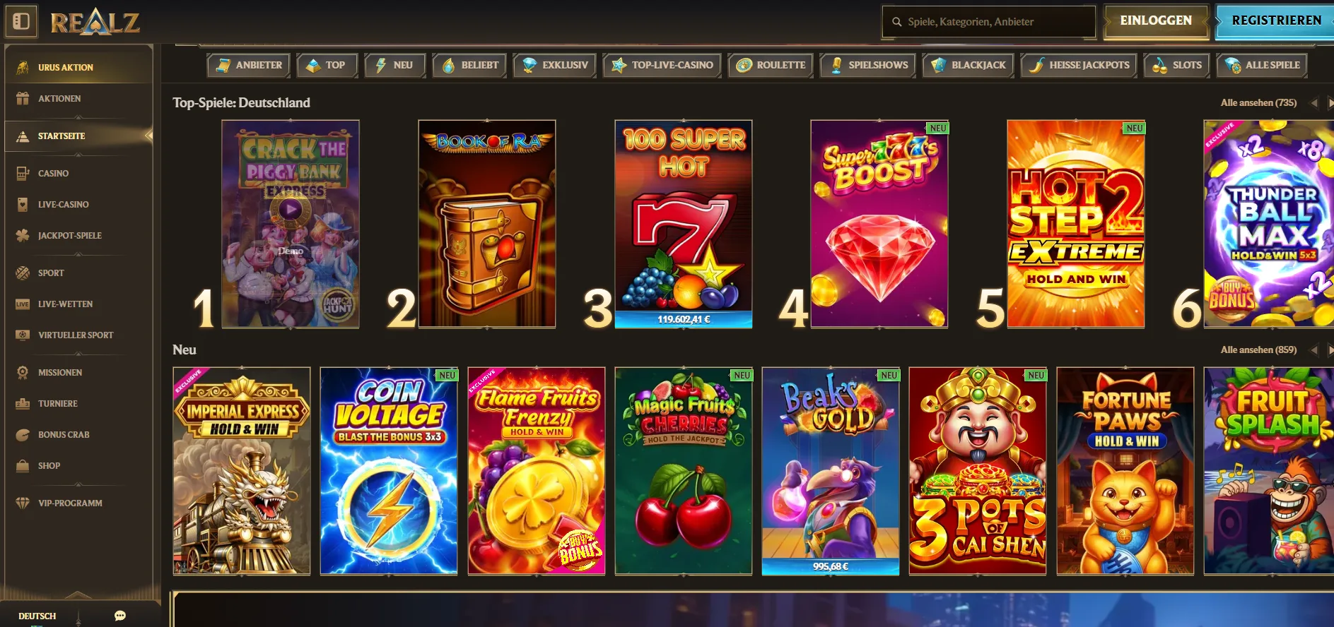 Realz Casino Spielkatalog